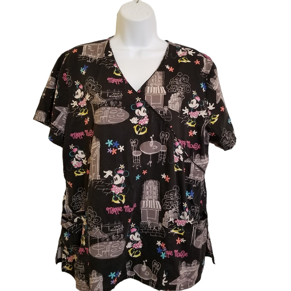Disney Minnie Mouse Scrub Top Large Black Tie Back Black Pockets V-Neck